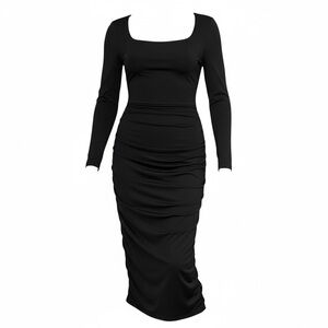 LAGSHIAN Black Ruched Long Sleeve Bodycon Midi Dress 3XL